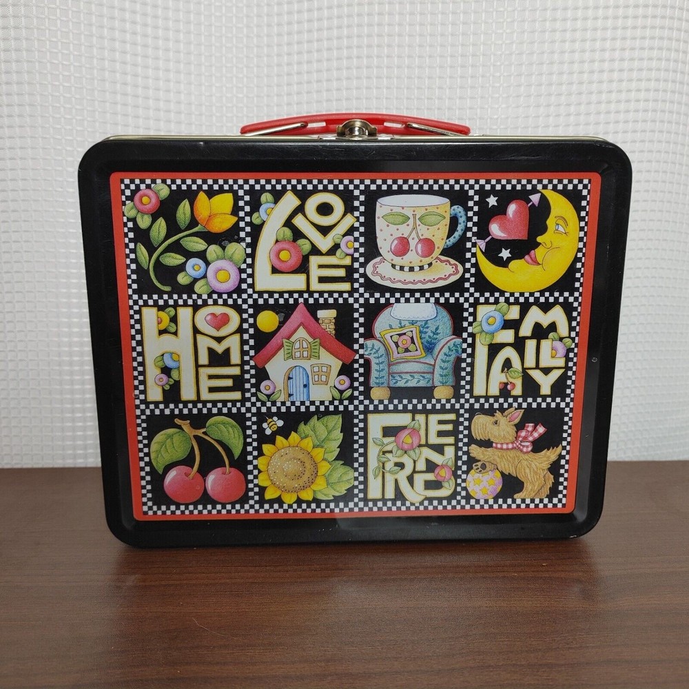 Vintage Mary Engelbreit Checkered Red Cherries Lunch Box Tin 1999